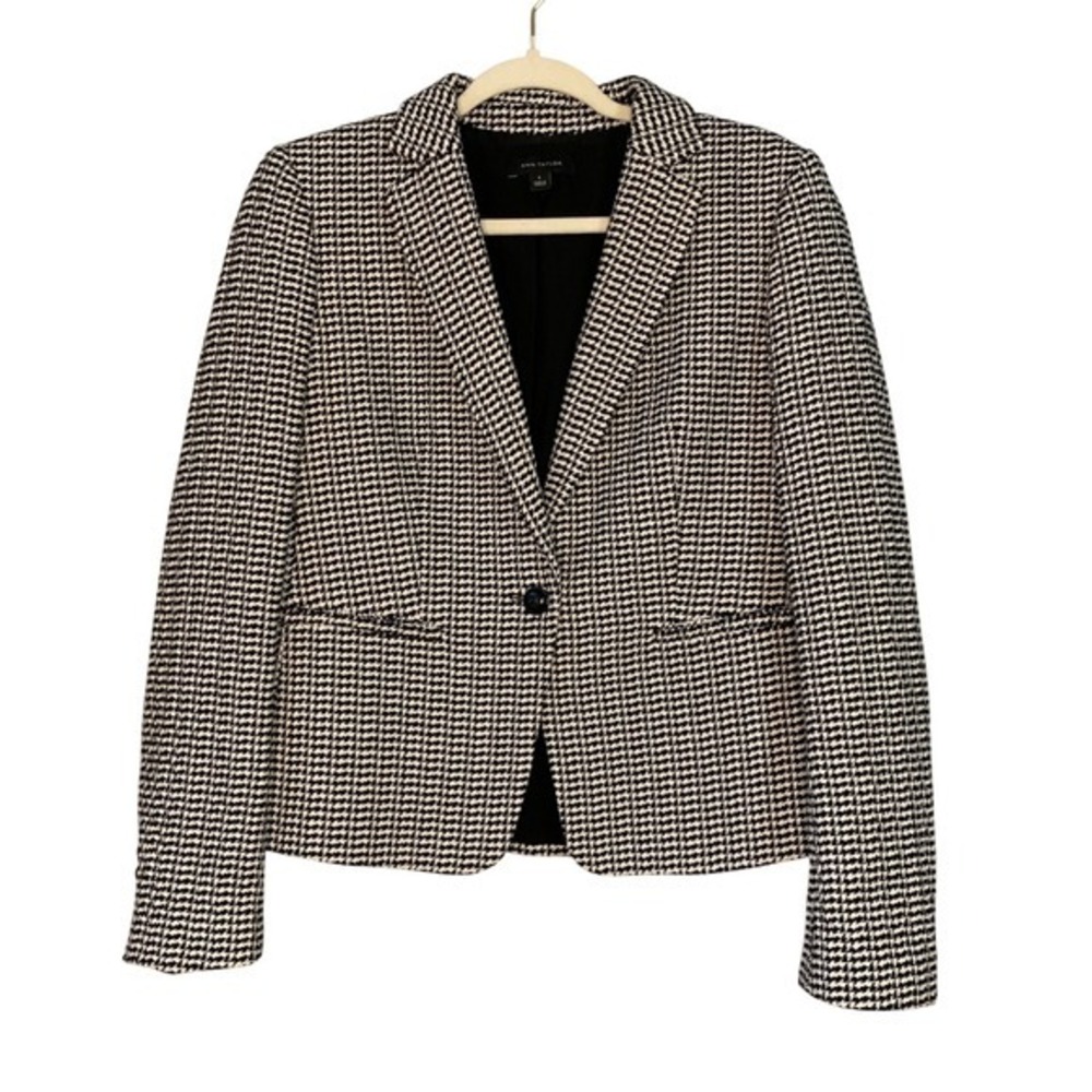 Ann Taylor Houndstooth Blazer Womens Size 8 Black White Single Button Jacket
